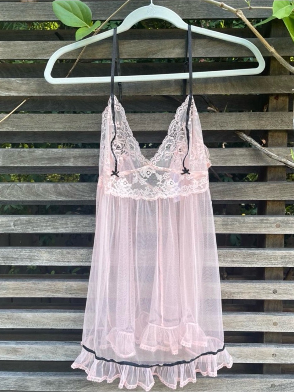 Vintage Victoria's Secret Pink Lace and Black Ribbon Babydoll Top M